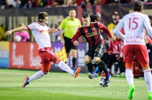 Atlanta United defender Greg Garza attempts to bamboozle a NY Red Bulls player during United’s inaugural MLS game.