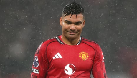 Casemiro leaves the pitch at Old Trafford after being shown a red card that means he is ruled out of this afternoon’s game through suspension.