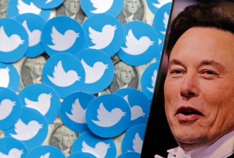 A photo illustration shows an image of Elon Musk next to images of Twitter logos and US dollar banknotes.