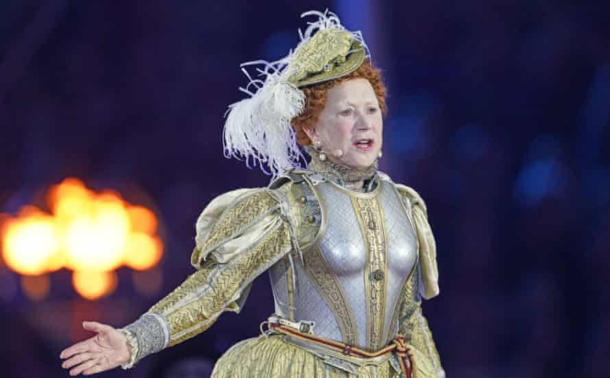 Helen Mirren wearing an alarming steel breastplate and a powdered face as Elizabeth I