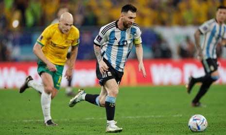 Lionel Messi with Aaron Mooy in pursuit the last time Argentina and Australia met in the round of 16 at the 2022 World Cup in Qatar.