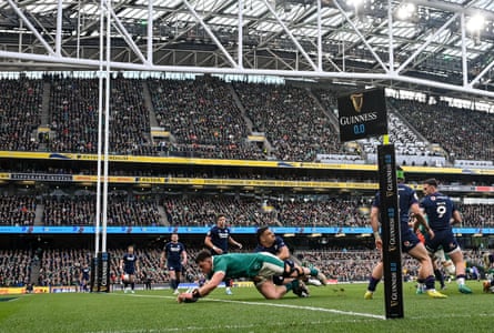 Dan Sheehan dives over to score Ireland’s second try.