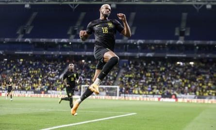 Joelinton celebrates scoring for Brazil against Guinea in June.