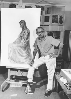 Charles White in his studio in 1965Artist Charles White was friends with the likes of Nina Simone, Sydney Poitier and Harry Belafonte. His drawing-based work graced many of their homes. “Pictured here, his short-sleeve, button-down popover shirt, off-white Levi’s, white socks and sneakers are still relevant and wearable today,” says Graham Marsh.