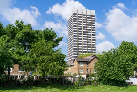 The ITV London Studios Tower viewed from Bernie Spain Gardens on a sunny day, June 2021.