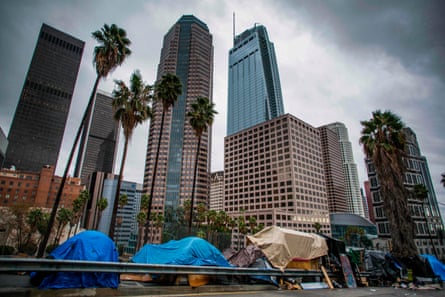 Homeless tents line the street in downtown Los Angeles.