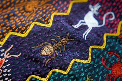 Details of an embroidered cloth with images of an ant and a cat