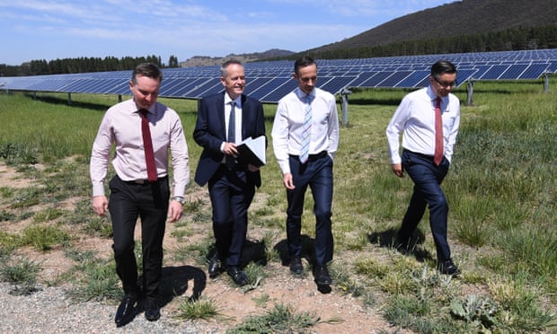 (L-R) Chris Bowen, Bill Shorten, Andrew Leigh and shadow Mark Butler visit the Mount Majura solar farm in Canberra.