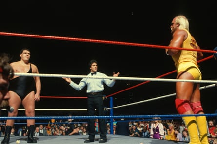 Hulk Hogan faces off with Andre The Giant during WrestleMania III in a wrestling ring