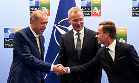 At a Nato summit in July in Lithuania, Turkish president Recep Tayyip Erdoğan (left) shakes hands with Swedish prime minister Ulf Kristersson as the secretary general of Nato, Jens Stoltenberg, looks on.