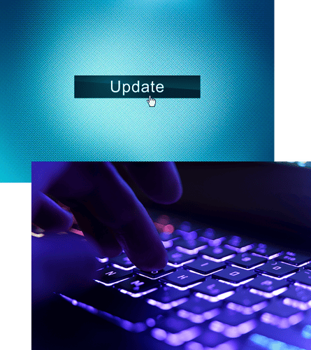 Collage: update button on screen, hand typing on keyboard