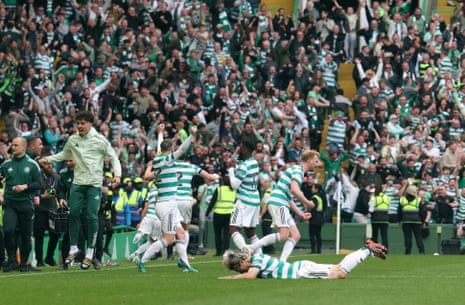 Celtic’s Daizen Maeda celebrates scoring his sides second goal, following a VAR offside check.
