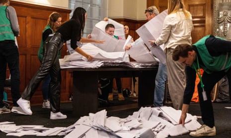 Polling station members count the votes entered on the ballot papers by eligible voters of the House of Representatives elections in Rotterdam, Netherlands, 22 November 2023.