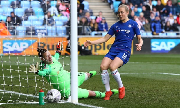 Ann-Katrin Berger can’t keep out an own goal from Magdalena Eriksson of Chelsea