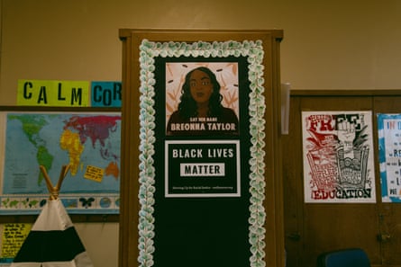 Posters honoring Breonna Taylor and the Black Lives Matter movement in a classroom