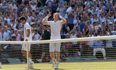 Andy Murray celebrates after winning the men’s singles final against Novak Djokovic at Wimbledon in 2013.