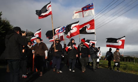 The hikoi, or protest march, leaves Ihumātao for the Auckland office of New Zealand prime minister Jacinda Ardern.