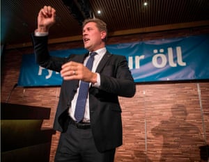 Bjarni Benediktsson of the conservative Independence party celebrates victory in the 2017 Icelandic elections.