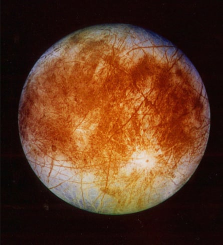 Jupiter’s ice-covered moon Europa as seen by the Galileo spacecraft.