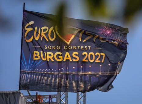 Flag advertising Burgas, destination of Eurovision 2027, in Bulgaria.