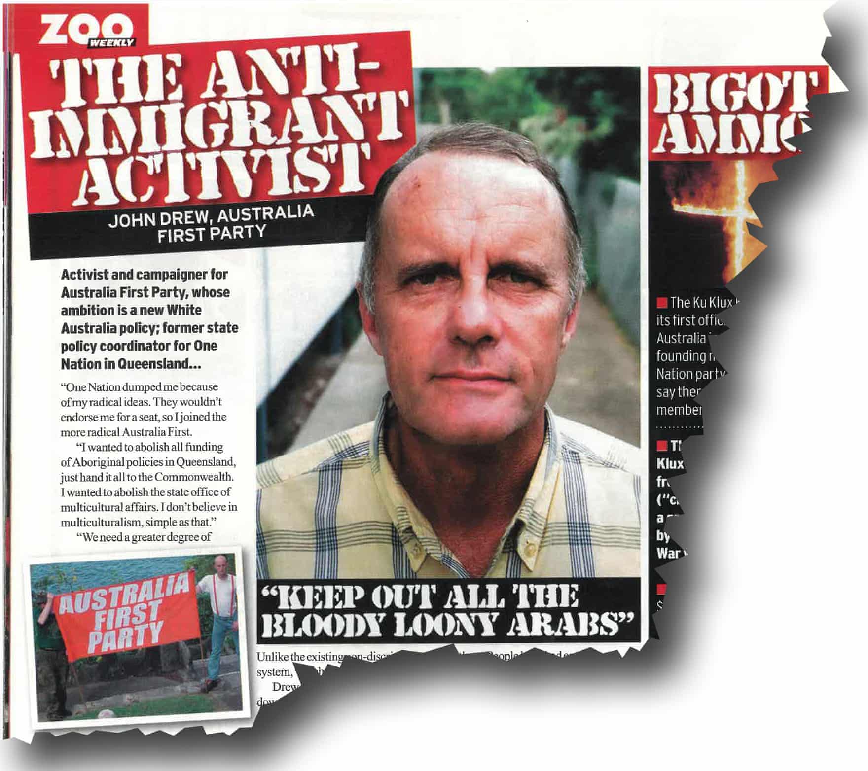 A photo of Drew below the headline ‘The anti-immigrant activist’