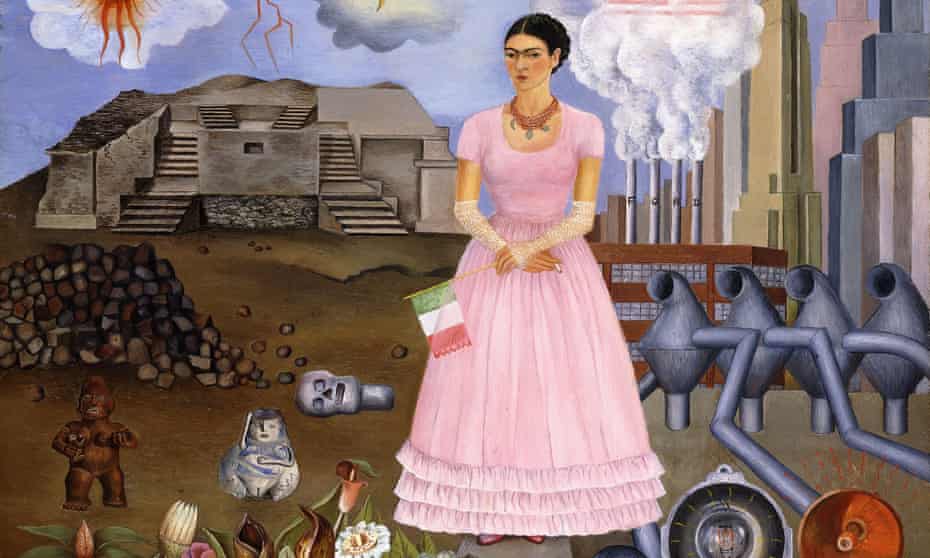 Frida Kahlo’s Self Portrait on the Border between Mexico and the United States of America, 1932 (Details; full image below).