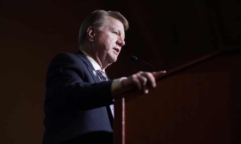 Jim Marchant speaks in Las Vegas. A former business owner and Nevada state assembly member, he has ties with the QAnon conspiracy theory movement.