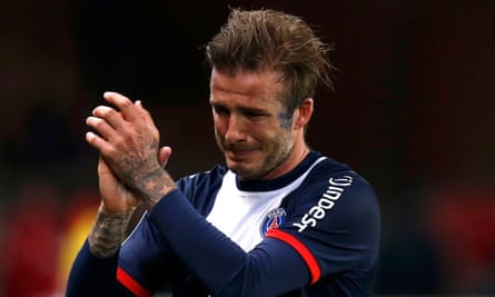 David Beckham in tears after leaving the pitch in his final game as a footballer, for PSG against Brest on 18 May 2013.