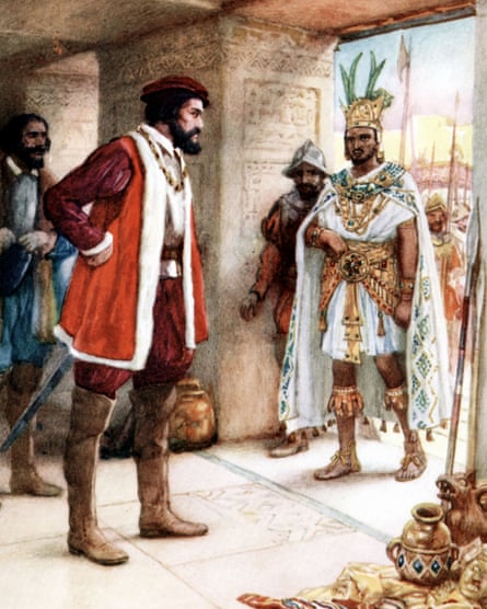 Hernando Cortez meets the Aztec Emperor Montezuma II.