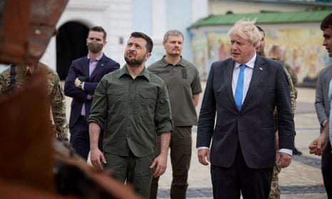 Boris Johnson and Volodymyr Zelenskiy visit an exhibition of destroyed Russian military vehicles and weapons in Kyiv.