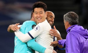 Hugo Lloris and Son Heung-min embrace at full time, after a heated dispute between the pair at half time.