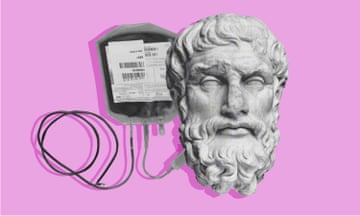 composite image of a greek statue's head hooked up to a bag of blood on a pink background