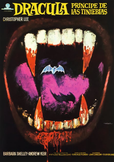 Affiche pour Dracula: Prince Of Darkness, 1966, montrant une énorme bouche avec des crocs sanglants et des chauves-souris volant à l'intérieur