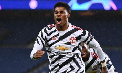 Marcus Rashford celebrates after scoring for Manchester United in their Champions League victory against Paris Saint-Germain.