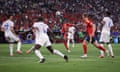Spain’s Lamine Yamal scores his side’s first goal in the semi-final against France in Munich