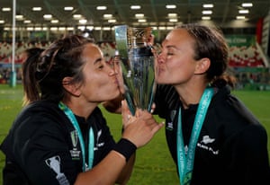 New Zealand’s Lesley Ketu and Kristina Sue celebrate winning the 2017 Women’s Rugby World Cup.