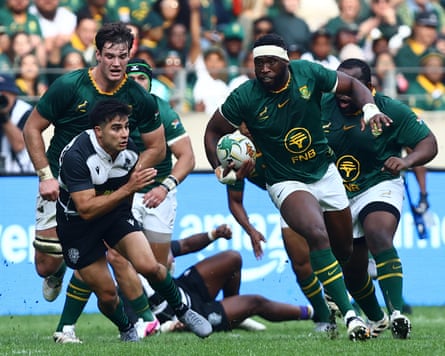 Siya Kolisi, the South Africa men’s rugby union captain, carries the ball during his team’s 80-31 win against the Barbarians in Gqeberha.