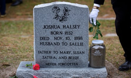 A tombstone saying "Joshua Halsey, Born 1852, Died Nov. 10, 1898, Husband to Sallie, Father to Mary, Susan, Satira, and Bessie. Never Forgotten."