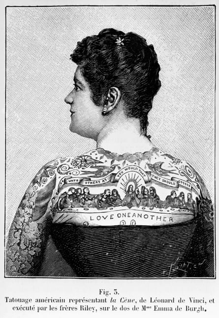 An illustration showing Emma de Burgh’s elaborately tattooed back, on which Leonardo’s “Last Supper” appeared as a motif