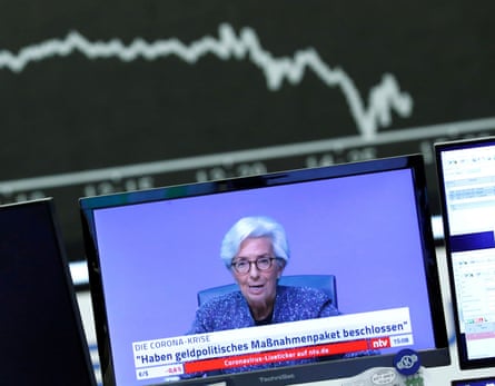 Christine Lagarde seen in a German TV broadcast of the ECB’s coronavirus press conference on 12 March.