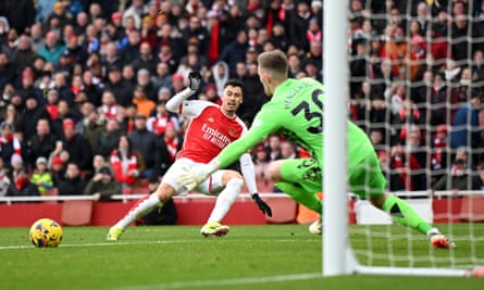 Gabriel Martinelli scores Arsenal’s fourth goal in added time, and still found time to score a fifth to cap Arsenal’s victory.