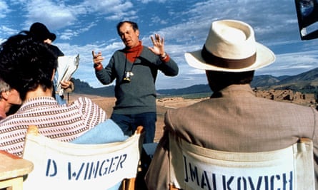 Bernardo Bertolucci directing Debra Winger and John Malkovich on the set of The Sheltering Sky, 1990.