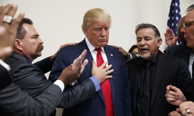 Pastors from the Las Vegas area pray with Republican presidential candidate Donald Trump during the election campaign in 2016.