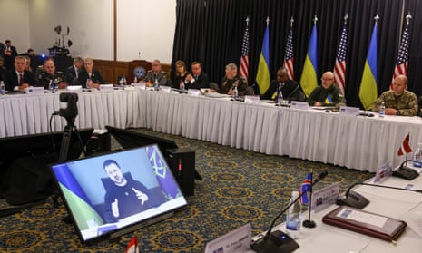 Volodymyr Zelenskiy speaks via video link to allied defence ministers at Ramstein airbase in Germany on Friday.