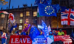 TOPSHOT-BRITAIN-EU-POLITICS-BREXIT<br>TOPSHOT - Pro and anti-Brexit protesters wave flags and hold banners as they demonstrate outside of the Houses of Parliament in central London on October 21, 2019. - UK Parliament Speaker John Bercow blocked British Prime Minister Boris Johnson from holding a vote Monday on his new Brexit divorce deal after MPs failed to back it on Saturday. "The motion will not be debated today as it would be repetitive and disorderly to do so," Bercow told lawmakers in the House of Commons. (Photo by Tolga AKMEN / AFP) (Photo by TOLGA AKMEN/AFP via Getty Images)