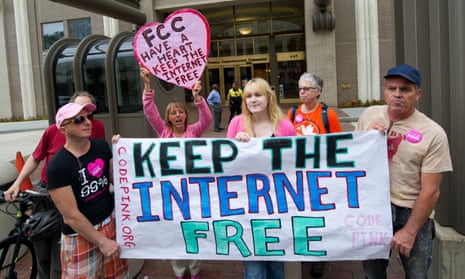 Protesters demonstrate at the FCC in support of net neutrality.