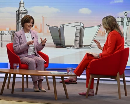 Melanie Dawes appearing on the BBC1 programme Sunday with Laura Kuenssberg; Kuenssberg sits to her left with her face turned away from the camera as Dawes speaks.