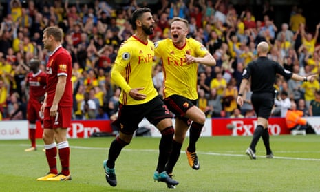 Watford’s Miguel Britos celebrates Watford’s late equaliser with Tom Cleverley.
