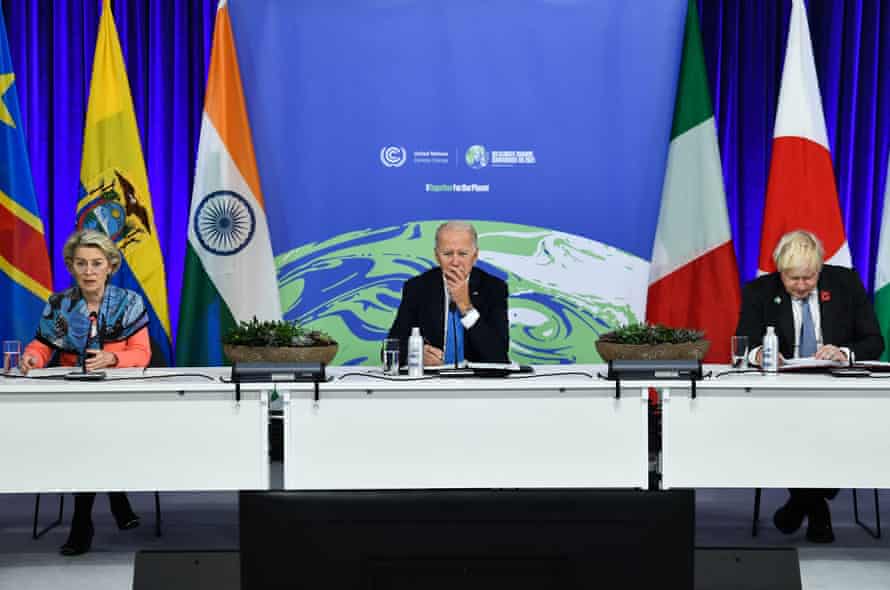 From left: the European Commission president, Ursula von der Leyen, the US president, Joe Biden, and the UK prime minister, Boris Johnson, at Cop26