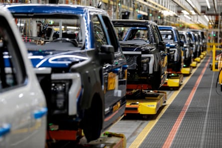 Electric F-150 Lightnings on the Ford production line in Dearborn, Michigan.